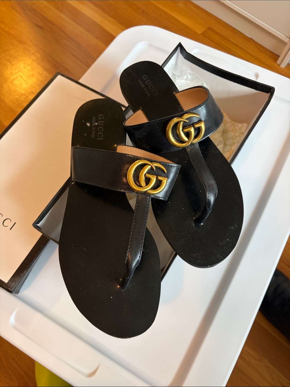 Designer inspired  Black Leather Thong Sandals with Gold Double GG